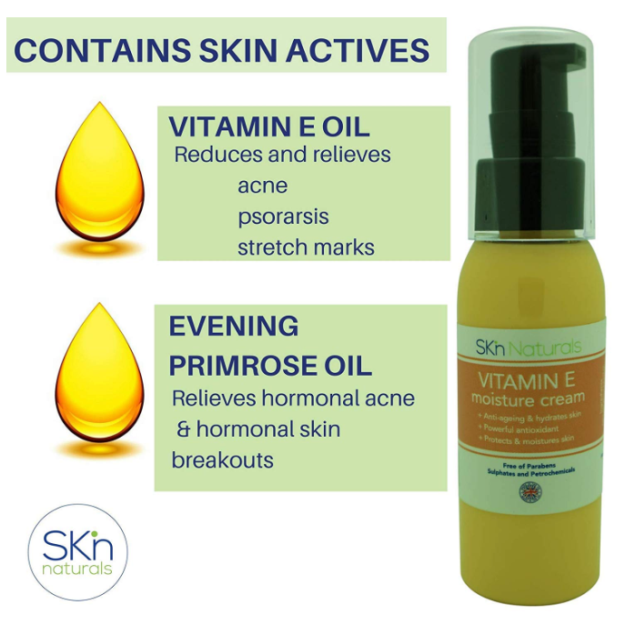 Vitamin E Oil Cream - Relieves Acne, Psoriasis, Scars, Stretch Marks and Dark Spots - Anti-Ageing and Anti-Wrinkle Cream for Face, Body and Hands - with Hydrating Vitamin C Evening Primrose Oil